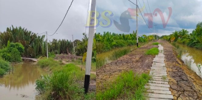 
 Galian Alat Berat untuk Pelebaran Jalan Diduga Sebabkan Tiang Listrik Miring di Transmigrasi Sepunggur